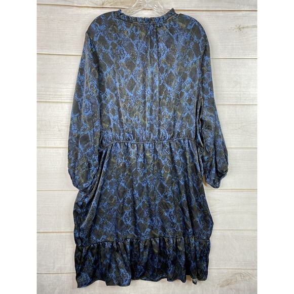 Black Tape Dress Womens 2X Blue Black Animal Print Satin Flowy Long Sleeve NWT - Picture 9 of 9